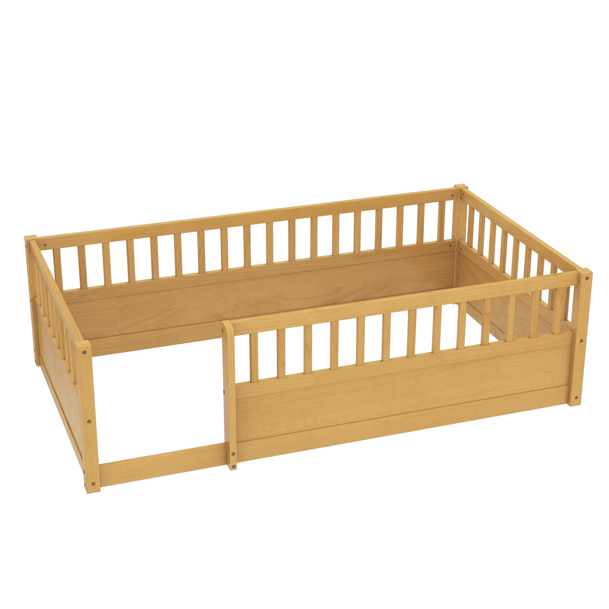 Bellemave Twin Size Floor Bed with High Fence Guardrails  Floor Bed without Door and Slats Twin Wooden Floor Bed Montessori Bed Frame (Twin, Natural, Without Door)