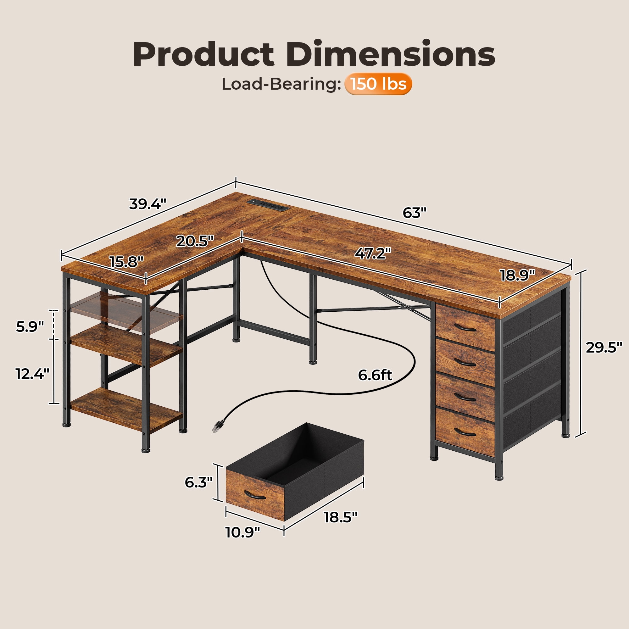 63 Inch L-Shaped Desk with Fabric Drawers, Reversible Home Office & Gaming Desk with Power Outlets, USB-C, and Adjustable Storage Shelves