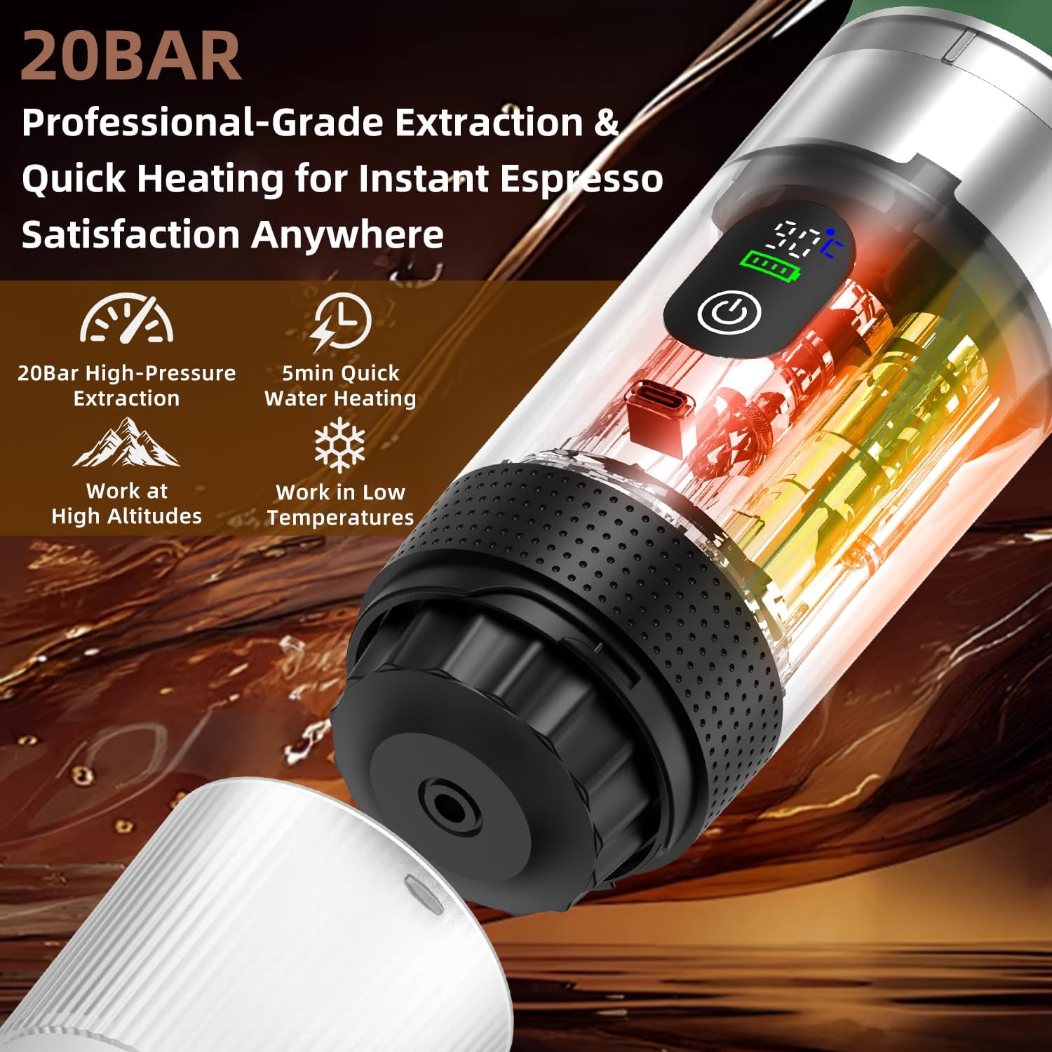 Portable Coffee Maker Espresso Machine, Camping coffee makers for travel, Car Coffee Maker Self-Heating with USB-C,Mini Battery Portable espresso maker machine With Ground Coffee & NS Capsule
