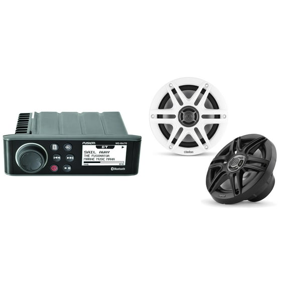 Fusion MS-RA70 Source Unit w/ Clarion CMS-651-SWB 6.5-inch Coaxial Marine Speakers ( Includes White & Black Sport Grilles )