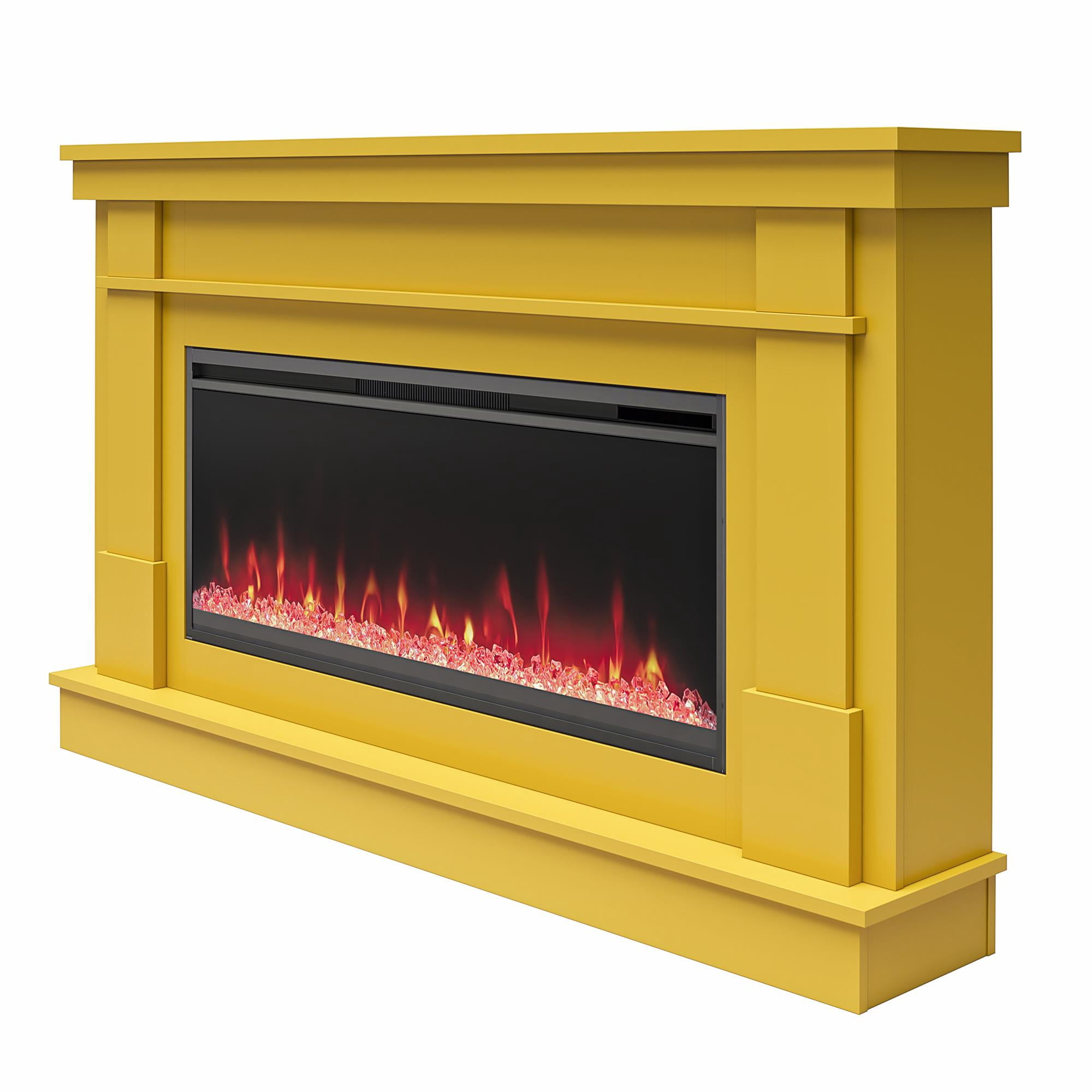 Waverly Wide Mantel with Linear Electric Fireplace & Crystal Ember Bed, Mustard Yellow