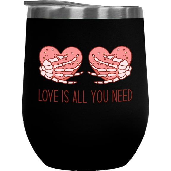 Love Is All You Need with Hearts & Skeleton Hands, Retro Valentine's Day Gift, Black 12oz Wine Tumbler
