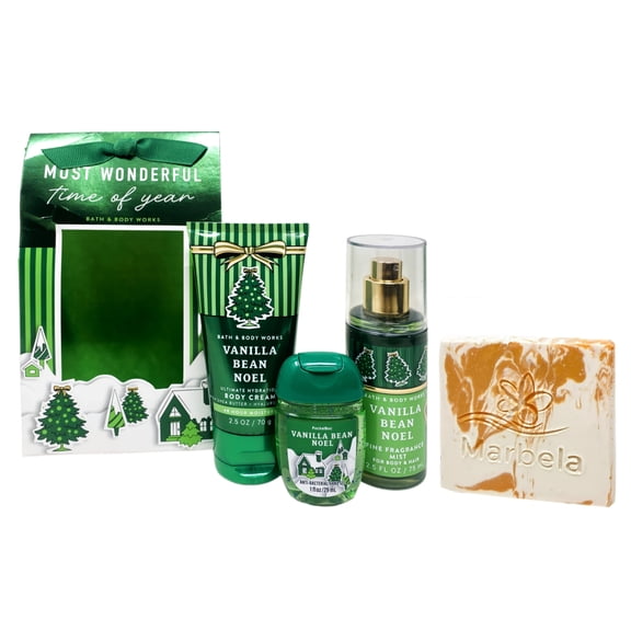 Bath & Body Works Vanilla Bean Noel - Most Wonderful Time Of Year Gift Set - Travel Fragrance Mist, Body Cream and Mini Hand Gel with a Peach Gardenia Sample Soap