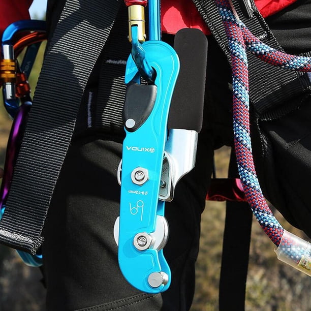 Descensor de escalada Parada de frenado automático Descendedor de control manual Dispositivo de aseguramiento profesional Equipo de equipo de aparejo Azul Macarena descensor de escalada en roca