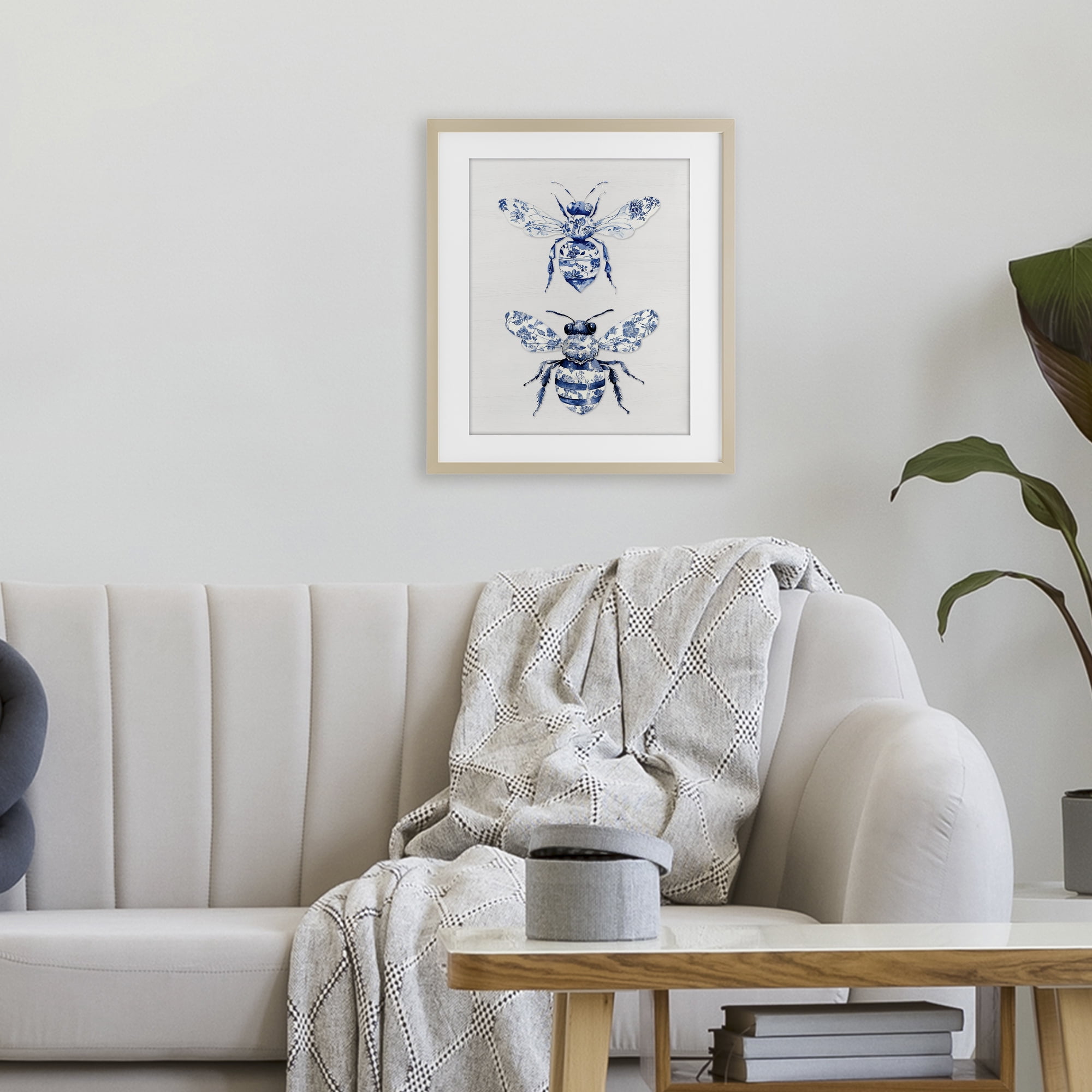 Toile Patterned Bees Birch Framed Print Under Glass, design by Lettered and Lined