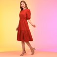 thumbnail image 2 of Globus Women Rust Puff Sleeve Crepe Fit & Flare Midi Dress, 2 of 5