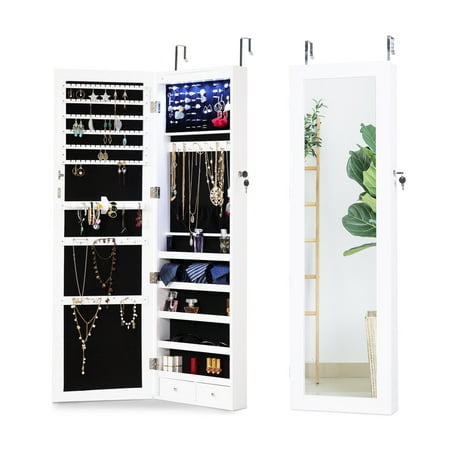 Wall Mount Sign Cabinet (Cloud Mountain Jewelry Cabinet Organizer 6 LEDs Jewelry Armoire Lockable Wall Door Mounted Hanging Jewelry Cabinet Box with Mirror 2 Drawers Bedroom, Living Room, Cloakroom,)