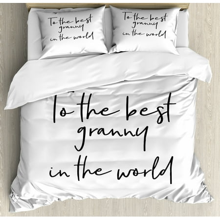 Grandma Queen Size Duvet Cover Set, Brush Calligraphy Hand Drawn Quote the Best Granny in the World Monochrome Design, Decorative 3 Piece Bedding Set with 2 Pillow Shams, Black White, by (Best Made Boots In The World)