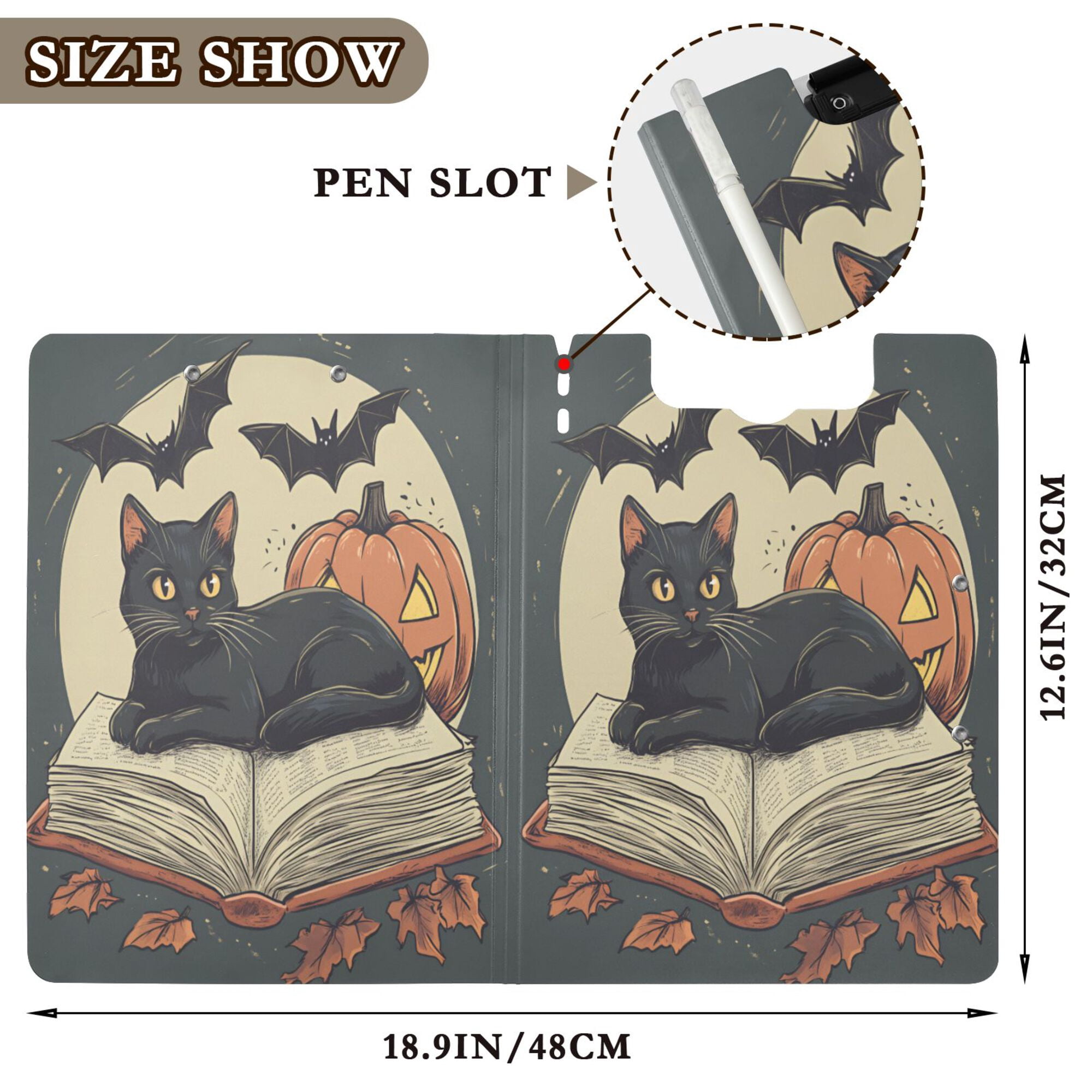FORMRS A4 Clipboard Folder with Pen Holder Horizontal Foldable School Office Binder, Black Halloween Cat
