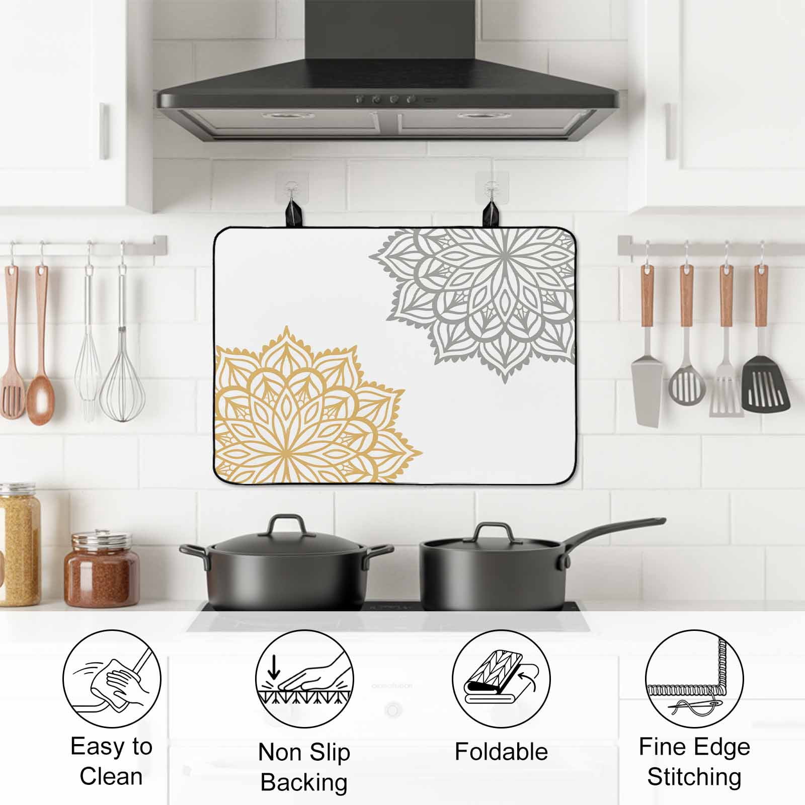 Boho Gray Beige Floral Stove Top Cover for Electric Stove, Heat-proof & Non Slip Glass Top Stove Cover Protector, Retro Abstract Art Flowers Kitchen Flat Cooktop Rubber Mat 24x21 Inches