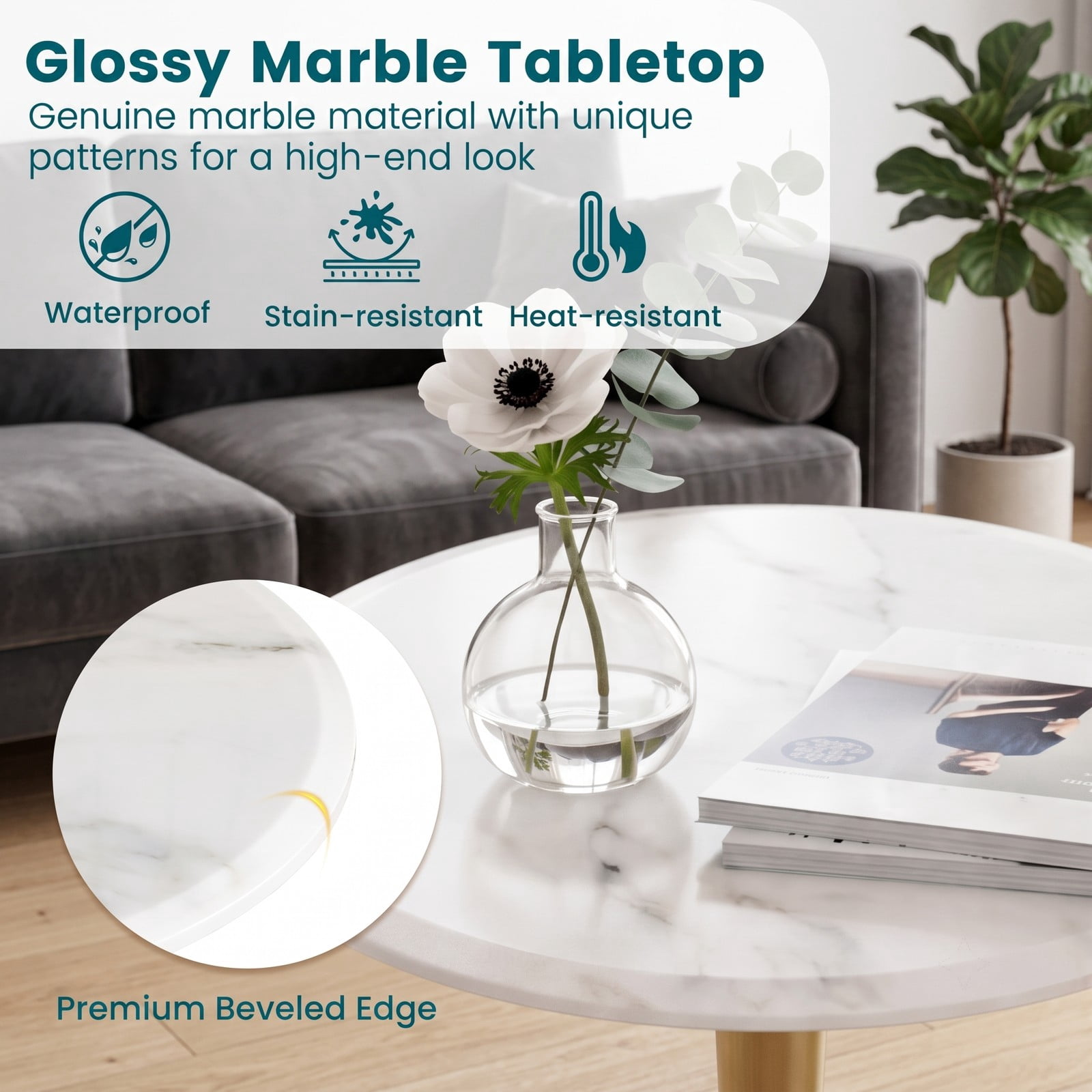 Furnibear Round Marble Side Table, Genuine Stone End Table with Solid Wood Base, Waterproof Heat-Resistant Accent Nightstand for Living Room Bedroom, White and Gold
