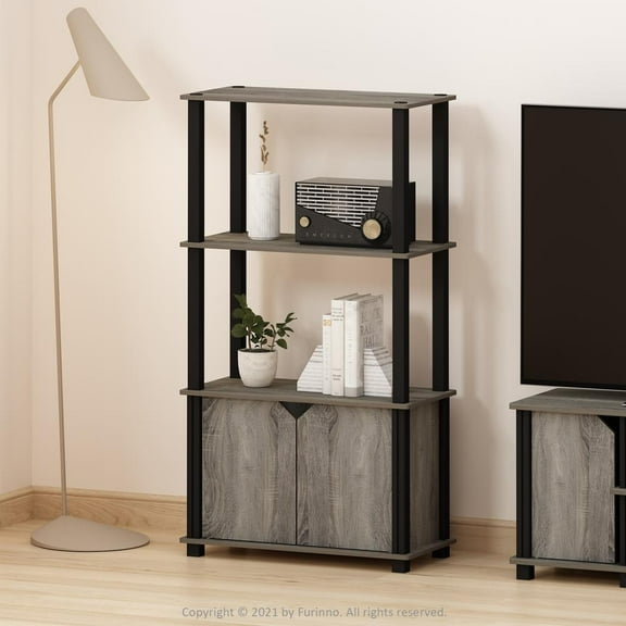 Furinno Brahms 4-Tier Multipurpose Display Shelf with Door, French Oak Grey/Black