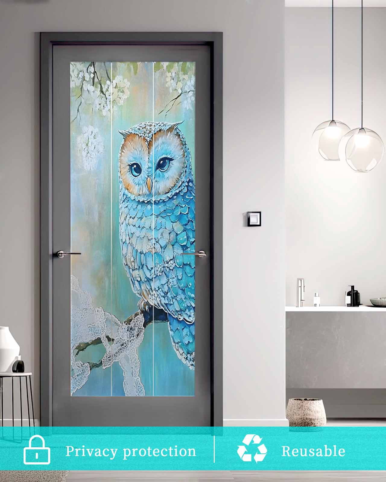 Window Privacy Film Blue Owl Stained Glass Window Film Decorative Sun Block Window Cover Watercolor Flower Bird on Branch Window Clings Static Adhesive Sticker for Bathroom 23.6"x59"