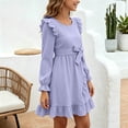 thumbnail image 4 of Girls Ruffle Dress Long Sleeve Crewneck Waist Belt Dress Kids Solid Color Casual Comfortable Outfits for Daily Wear Purple 3-4 Years, 4 of 7