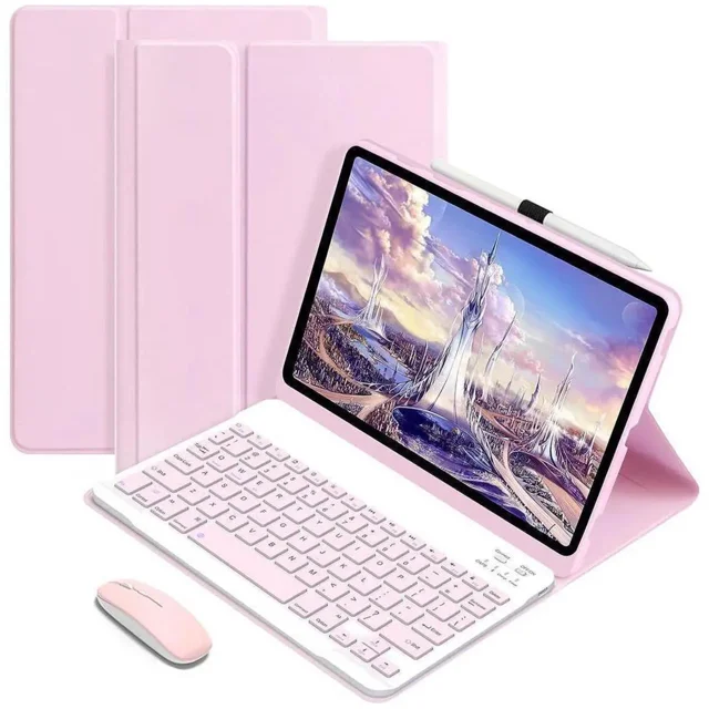 Bluetooth Keyboard Case with Mouse for Lenovo Tab Plus 11.5 inch 2024 TB351FU, pastel pink design. A tablet accessory featuring a detachable wireless keyboard, Bluetooth mouse, and protective PU leather cover with precise cutouts for buttons, speakers, and cameras. Includes a built-in pencil holder and adjustable viewing angles, ideal for Android tablet users.