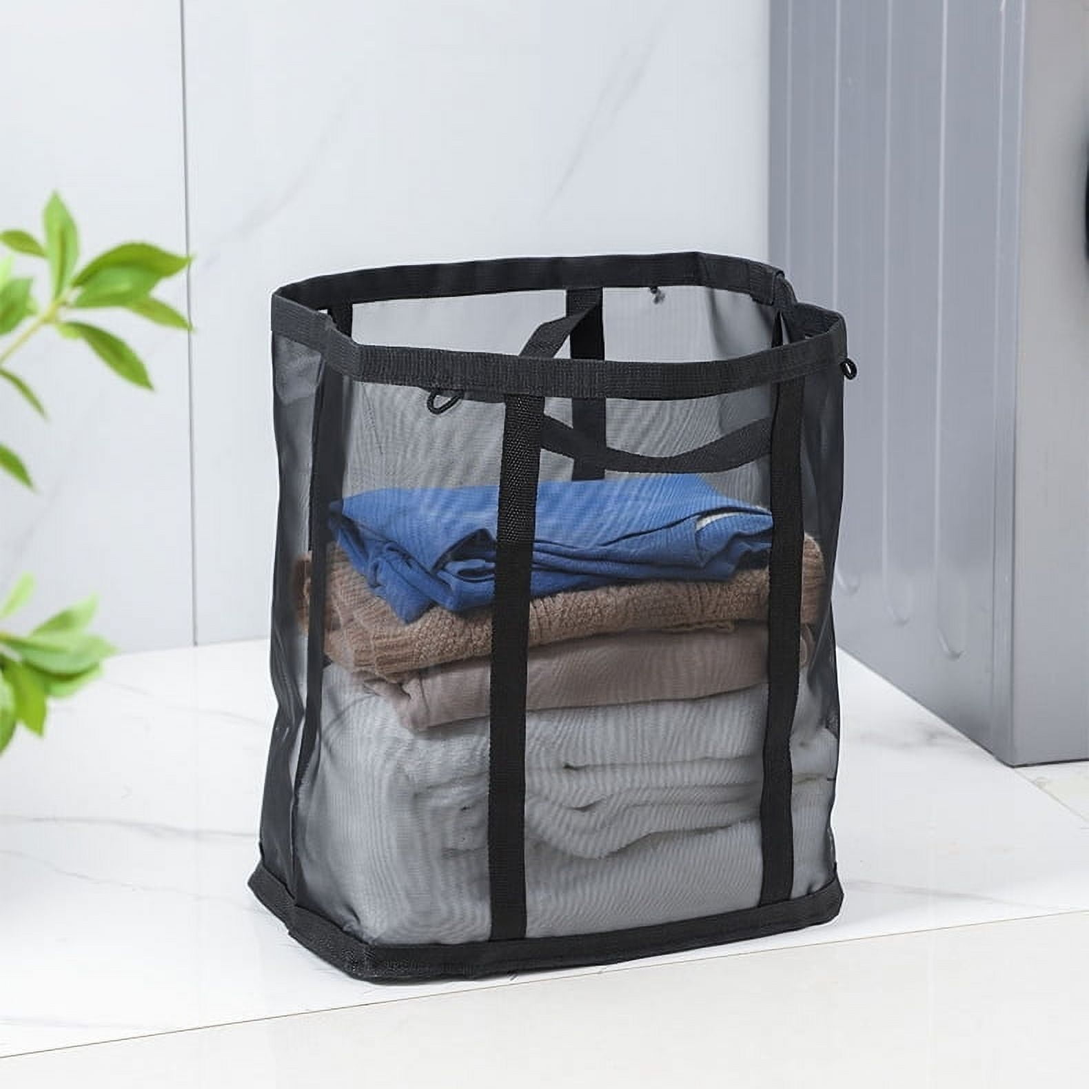 Mesh Bag with Handles, Collapsible Laundry Basket, Foldable Laundry Bag, Breathable Folding Beach Bag,Space-saving Travel Tote Bags,Black