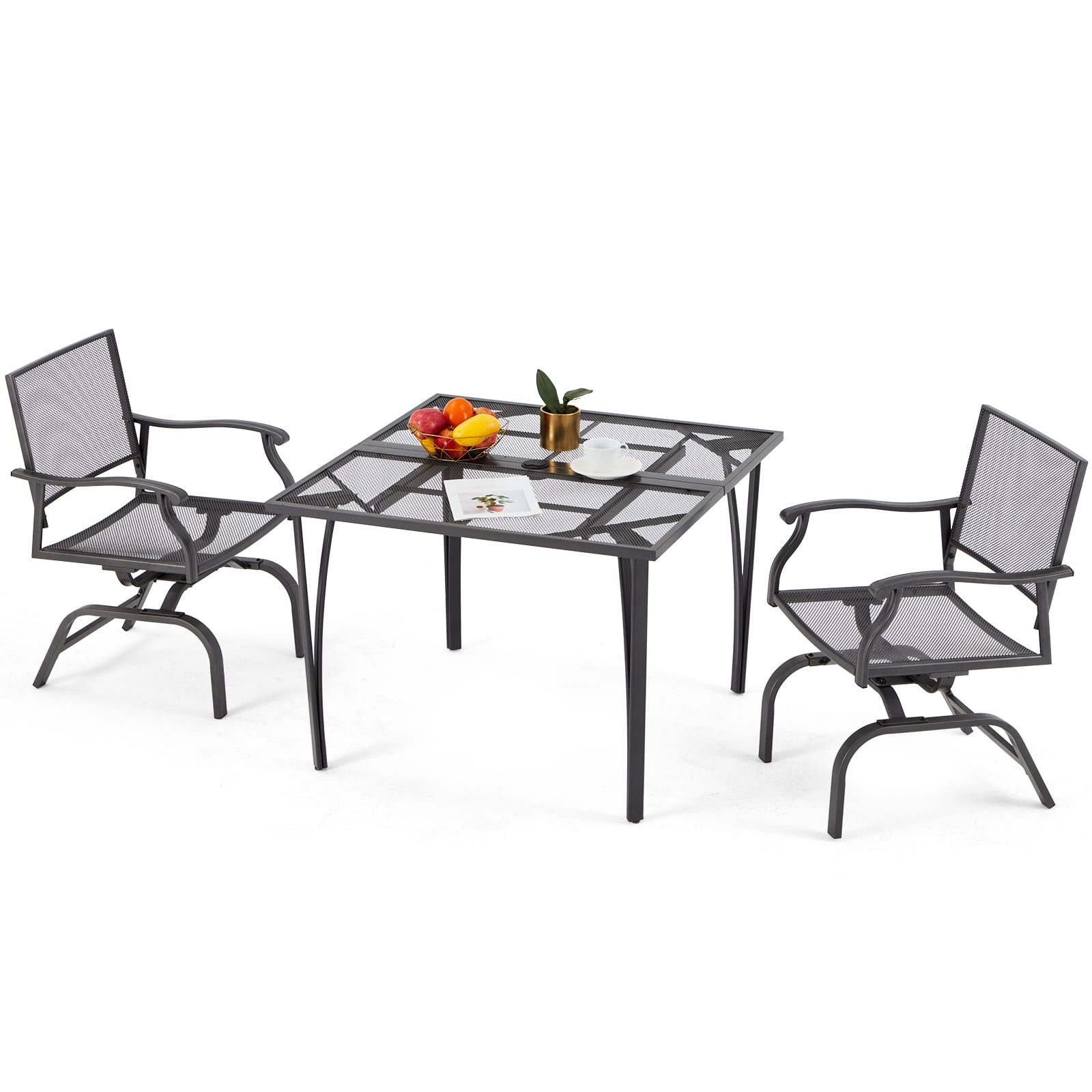 AECOJOY 3-Piece Outdoor Patio Dining Set, Outdoor Furniture Bistro Set with 2 Patio Rocking Chairs and 1 Square Patio Metal Table for Yard Garden Backyard Poolside, Dark Gray