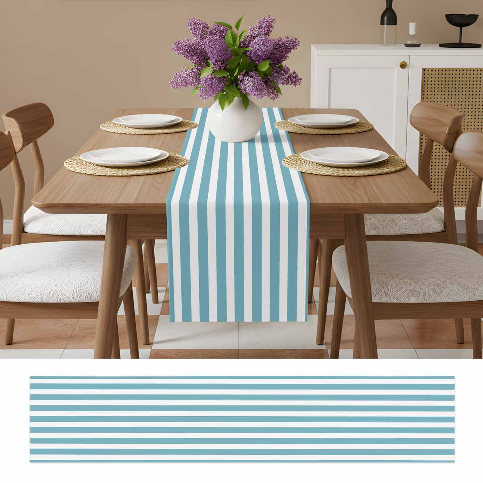 Aqua Striped Table Runner, Modern Farmhouse Blue White Stripes Washable Cotton Linen Table Runners 60 Inches Long, Dresser Scarf Runner for Coffee/TV Stands/Kitchen/Cabinets 13''x60''