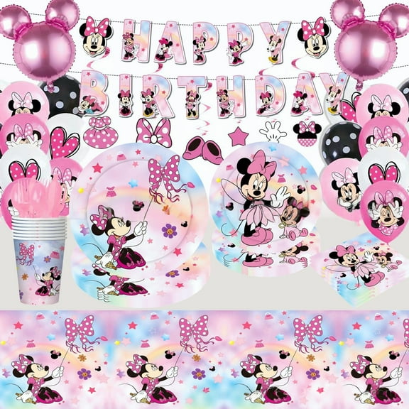 Cartoon Minnie 110PCS themed birthday decorations, party supplies set including banners, tablecloths, plates, balloons, spirals, tableware, etc. for boys and girls cartoon theme party supplies