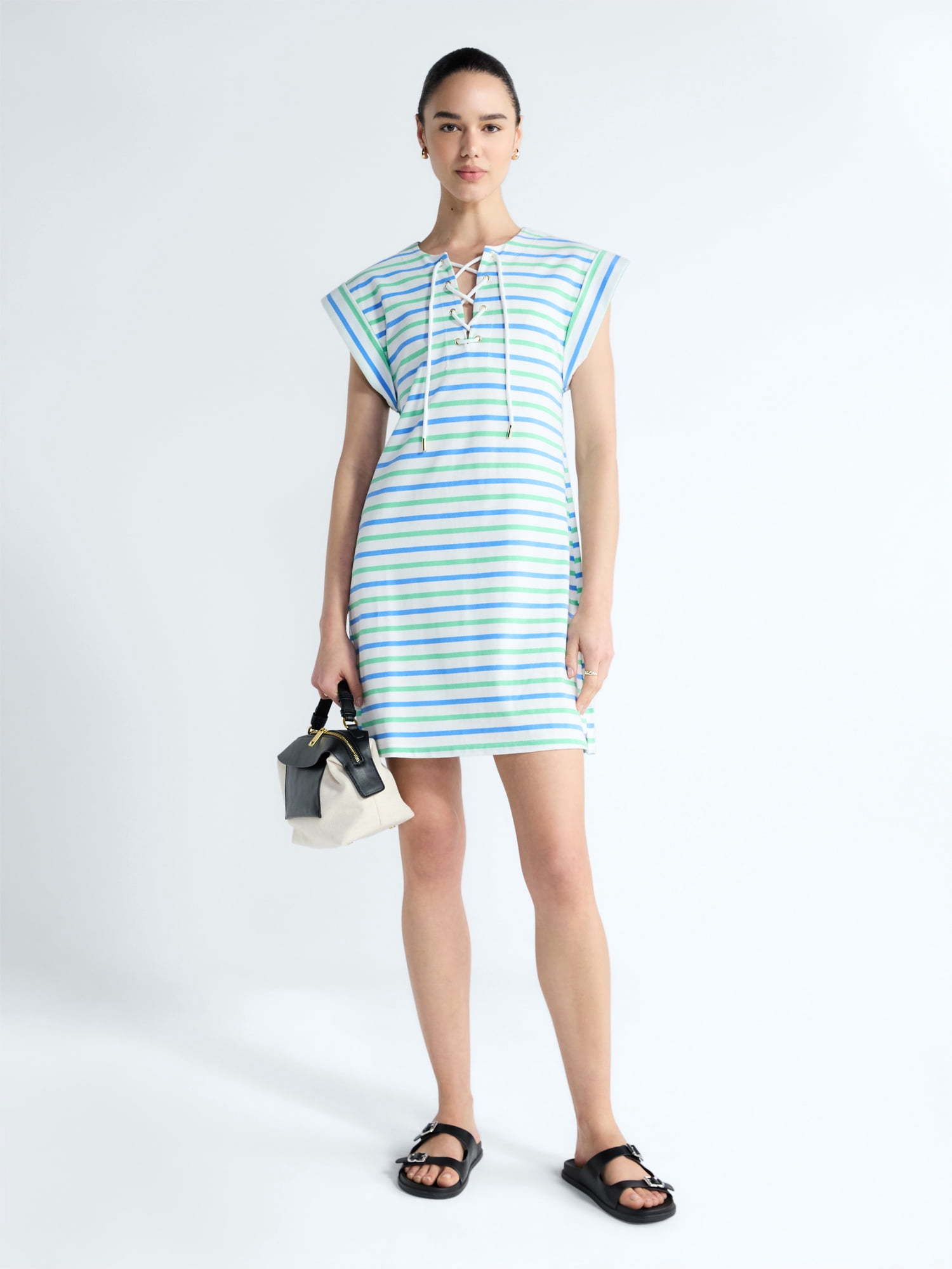 Free Assembly Women's Lace Up Cotton Mini Dress, Sizes XS-XXL