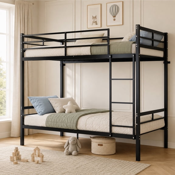 Alvantor Bunk Bed Twin over Twin, Metal Bunk Bed for Kids with Ladder and Guardrail Black