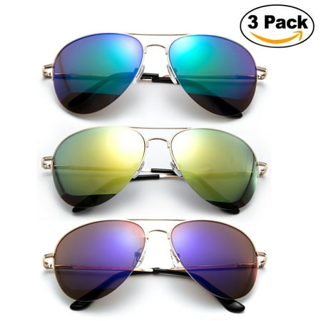 Newbee Fashion - 3 Pack Classic Aviator Sunglasses Flash Full Mirror lenses Semi Half Frame for Men Women with Spring Hinge UV Protection
