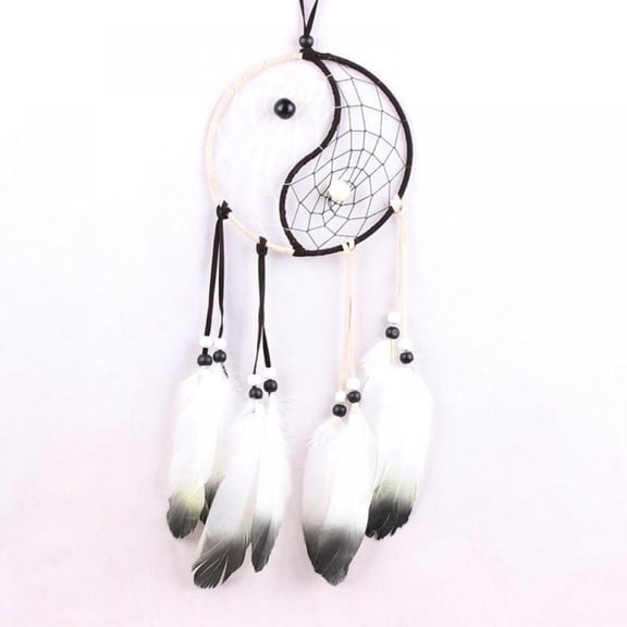 Handmade Yin Yang Dream Catcher Circular Net with Feathers Beads for Wall Car Hanging Decoration Ornament Craft Gift, Black and White