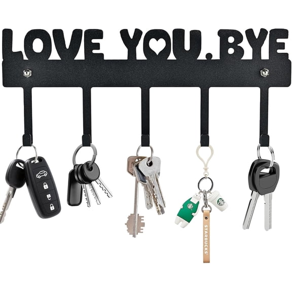 5-Hook Key Holder Wall Mount – "Love You.Bye" Entryway Organizer, No-Drill Adhesive or Screw Installation