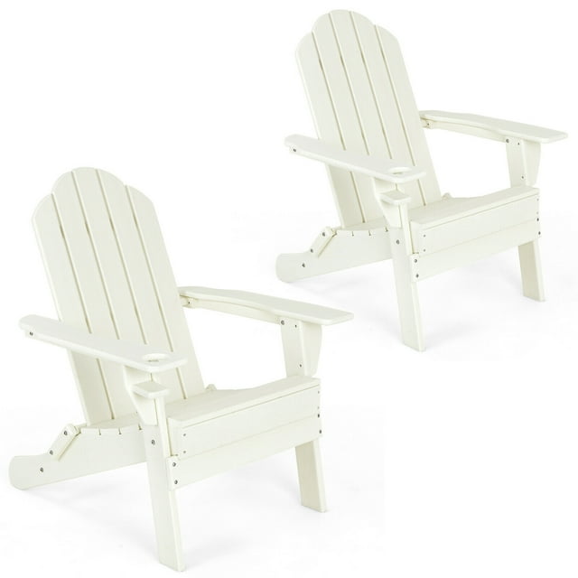Gymax 2PCS Patio Folding Adirondack Chair Weather Resistant Cup Holder Yard White