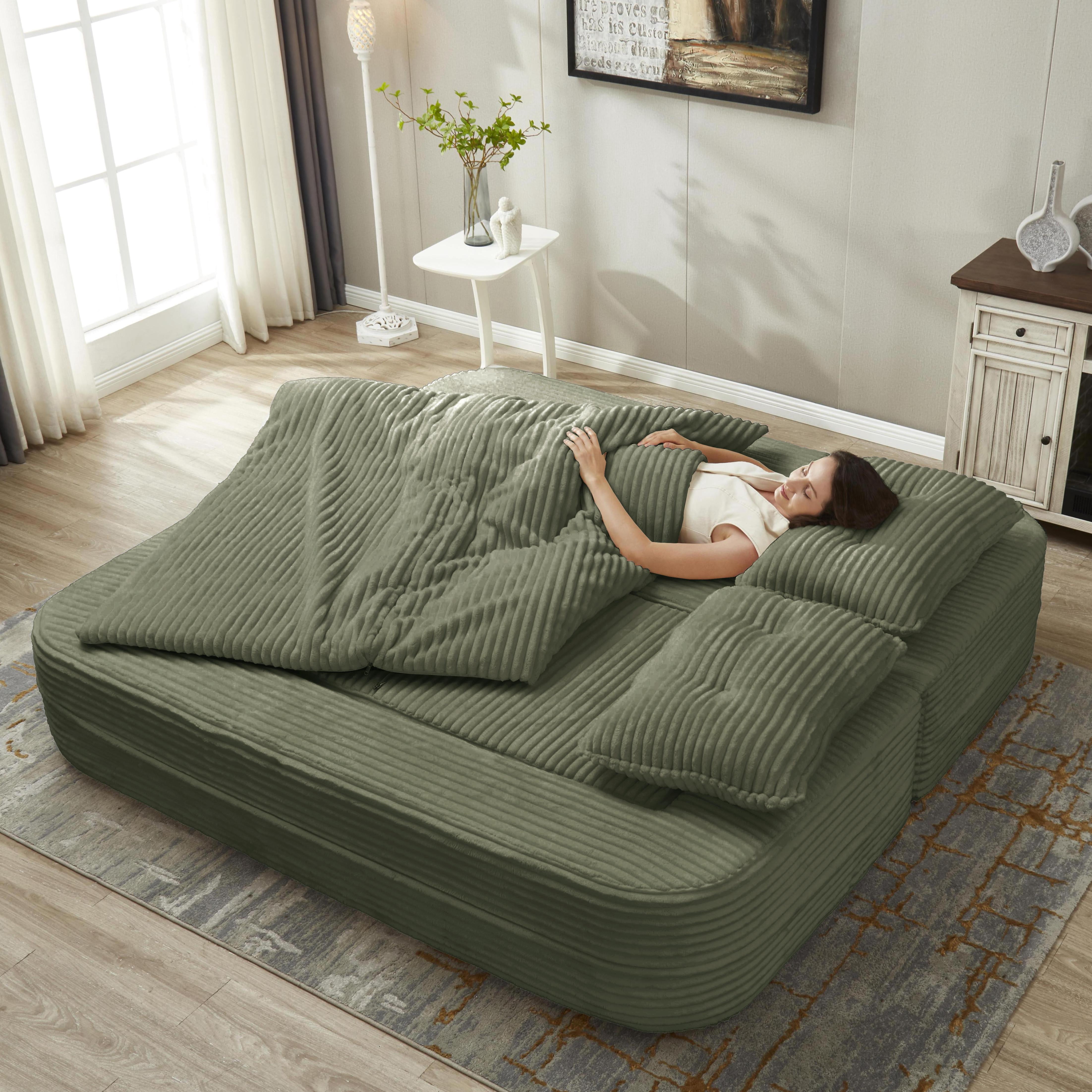 Anpport 80" King Size Convertible Sectional Sofa Bed, Plush Corduroy Deep Seat Couch with Chaise Lounge and Blanket, for Living Room Apartment, Green