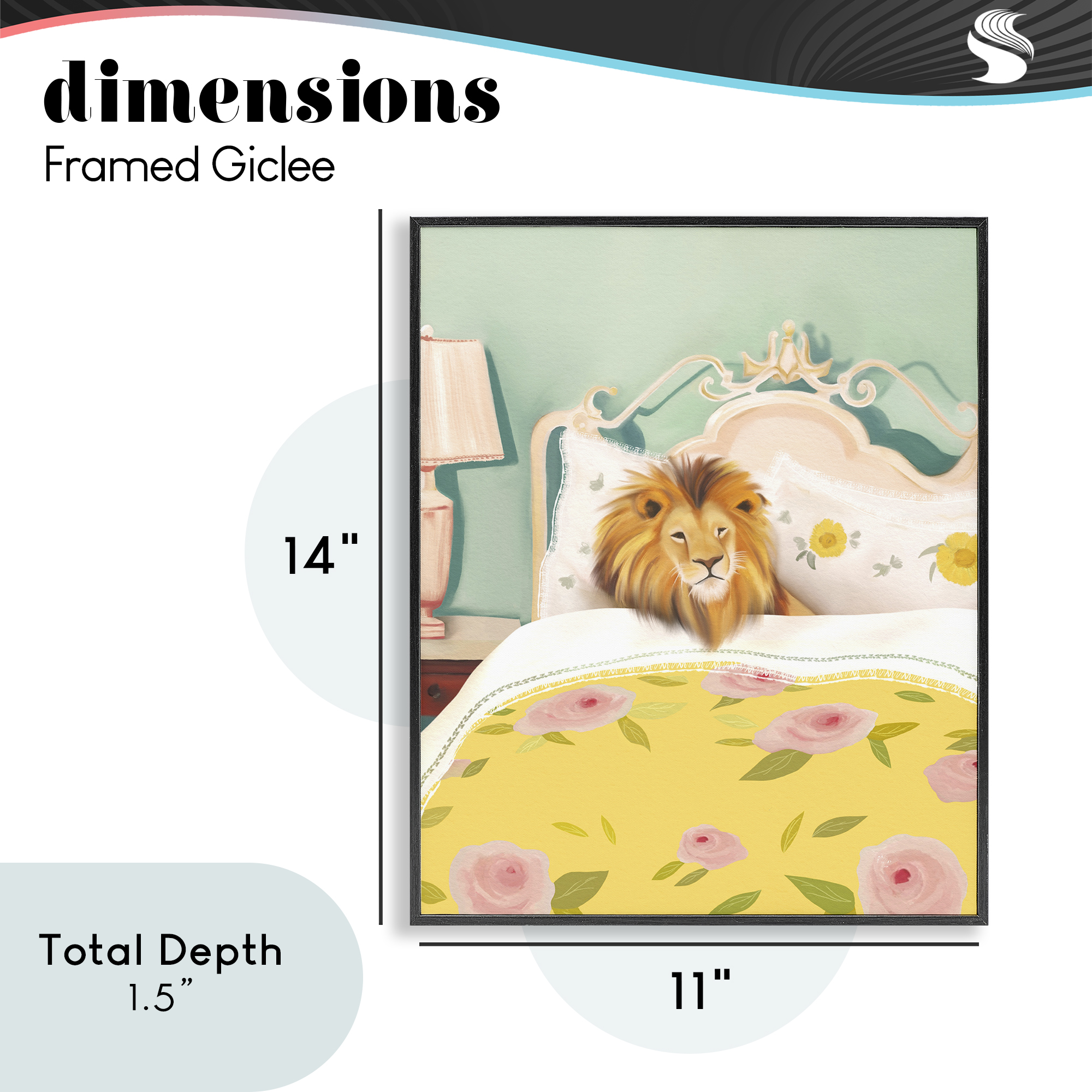 Good Morning Lion in Bed Black Framed Giclee Art, design by Leah Straatsma