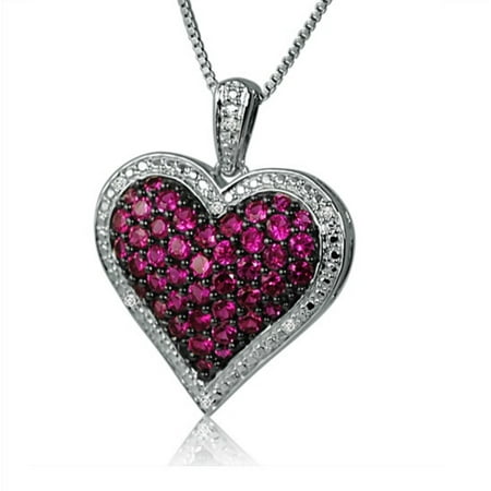 Swarovski Puffed Heart Pendant - Created Ruby and Diamond Puffed Heart Pendant- Necklace in Sterling Silver on an 18 inch Box Chain