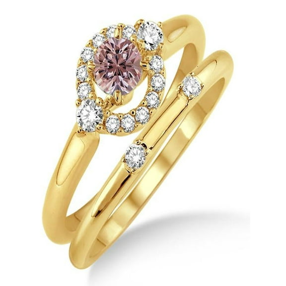 1.25 Carat Morganite & Diamond Elegant Flower Halo Bridal Set on 10k Yellow Gold