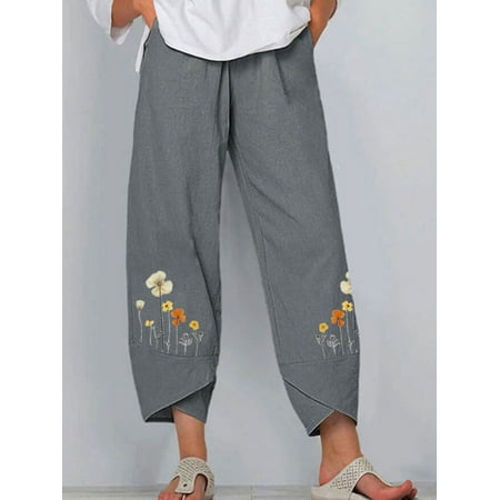 CHGBMOK Women Lady Casual Flowers print Elastic Waist Wide Leg Pants ...