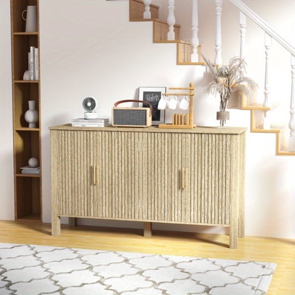 Modern Fluted Console Table, Solid Wood Sideboard Buffet Cabinet with Storage & Adjustable Shelves for Dining Room, Living Room, Entryway, Scratch-Resistant Surface