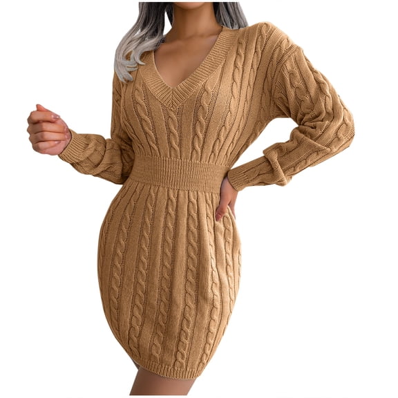 Odeerbi Dresses for Women 2025 Fall Dresses Autumn And Winter V-neck Waist Bag Hip Knitted Sweater Dress Khaki