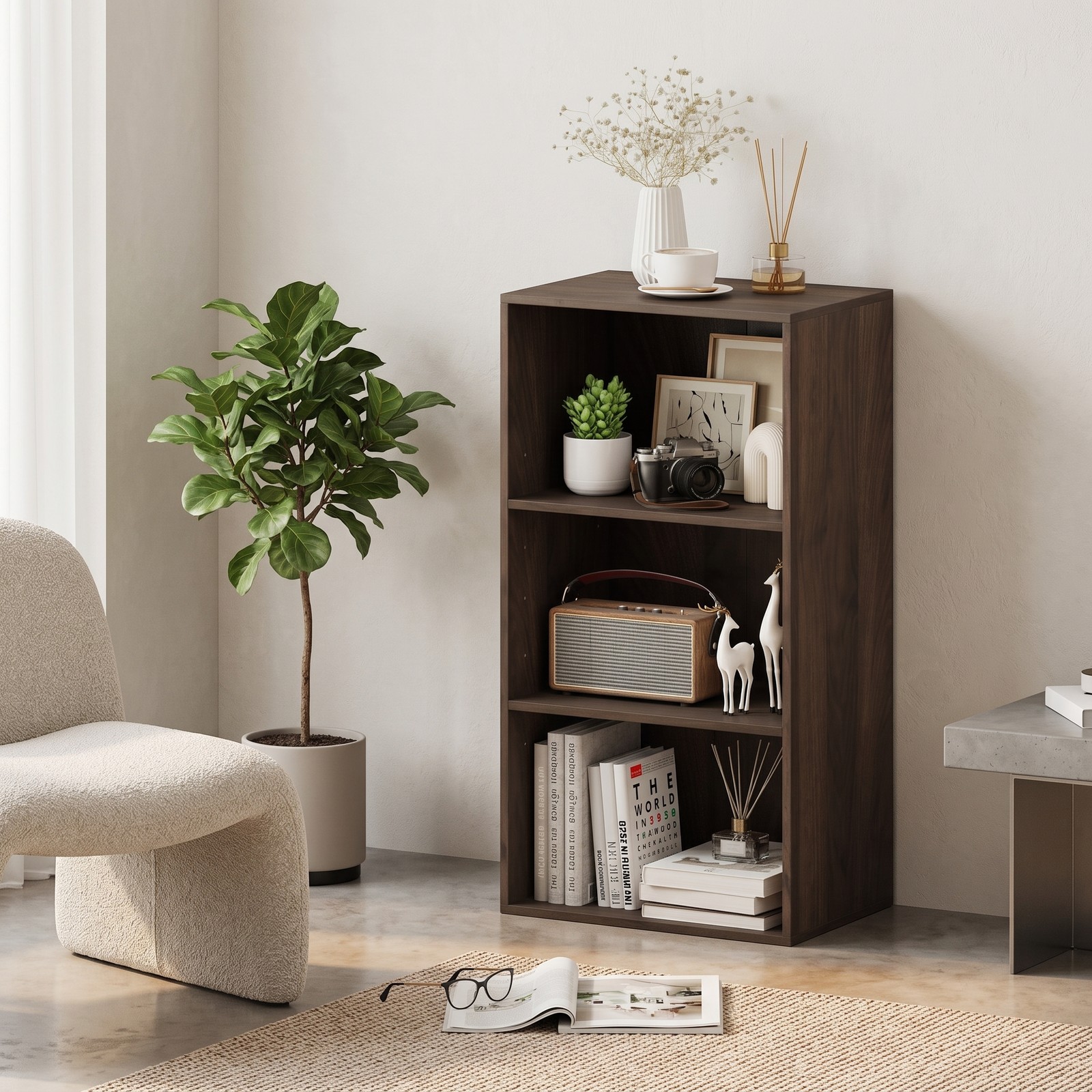 Furnibear 3-Tier Open Shelf Bookcase, Modern Freestanding Storage Display Cabinet with 2 Adjustable Shelves and Anti-Tip Kit for Living Room Bedroom Home, Walnut Brown