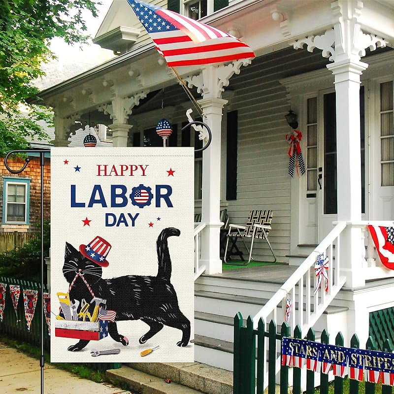 Happy Labor Day Garden Flag Double Sided Vertical, Burlap Small Black Cat Garden Yard House USA Flags Banner Outdoor Outside Labor Day Decoration (ONLY FLAG)