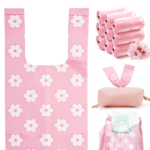 On-the-Go Disposable Diaper Sacks, 150 pcs Sakura Scented Diaper Bags with Pink Bag Dispenser Easy-To-Tie Tabs, Odor-Sealing Dirty Diaper Trash Bags, Pet Waste Bags, New Parent Gift