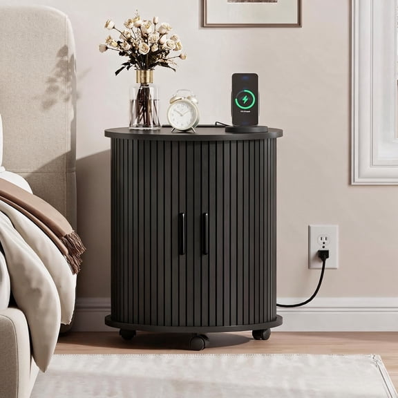 Fluted End Table with Sliding Door Charging Station Lockable Wheels Tall Side Table with Storage Shelf, Round Bedside Table for Living room, Mid-Century Modern Nightstand for Bedroom
