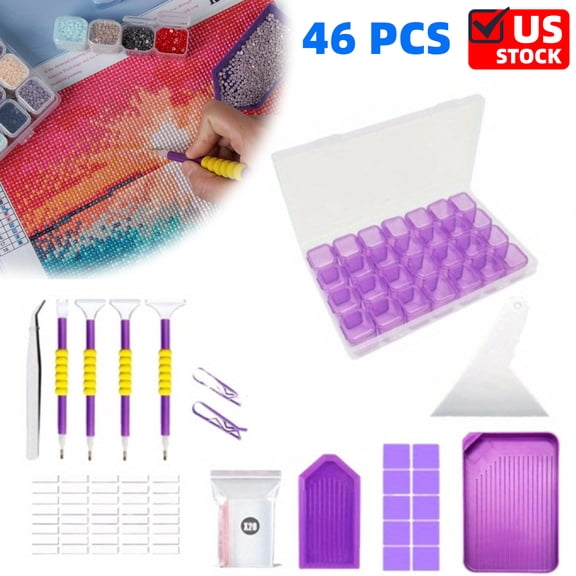 46PCS DIY Diamond Painting Tools and Accessories Kits Multiple Sizes Painting Pens for Adults to Make Diamond Art Craft Tweezers Glue Diamond Correction 28 Girds Storage Box