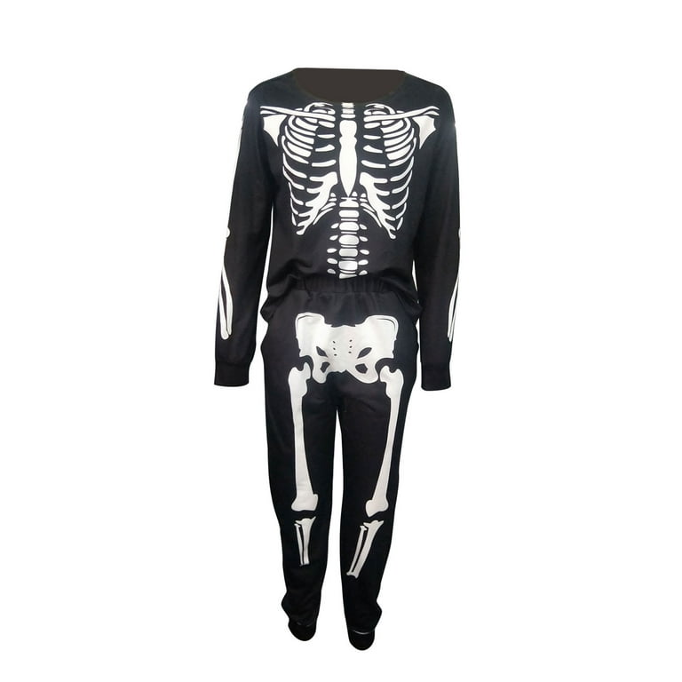 Women 2 Piece Set Outfit Long Sleeve Sweatshirt and Jogger Pant Tracksuit  Skeleton/Santa Print Halloween Christmas Costume