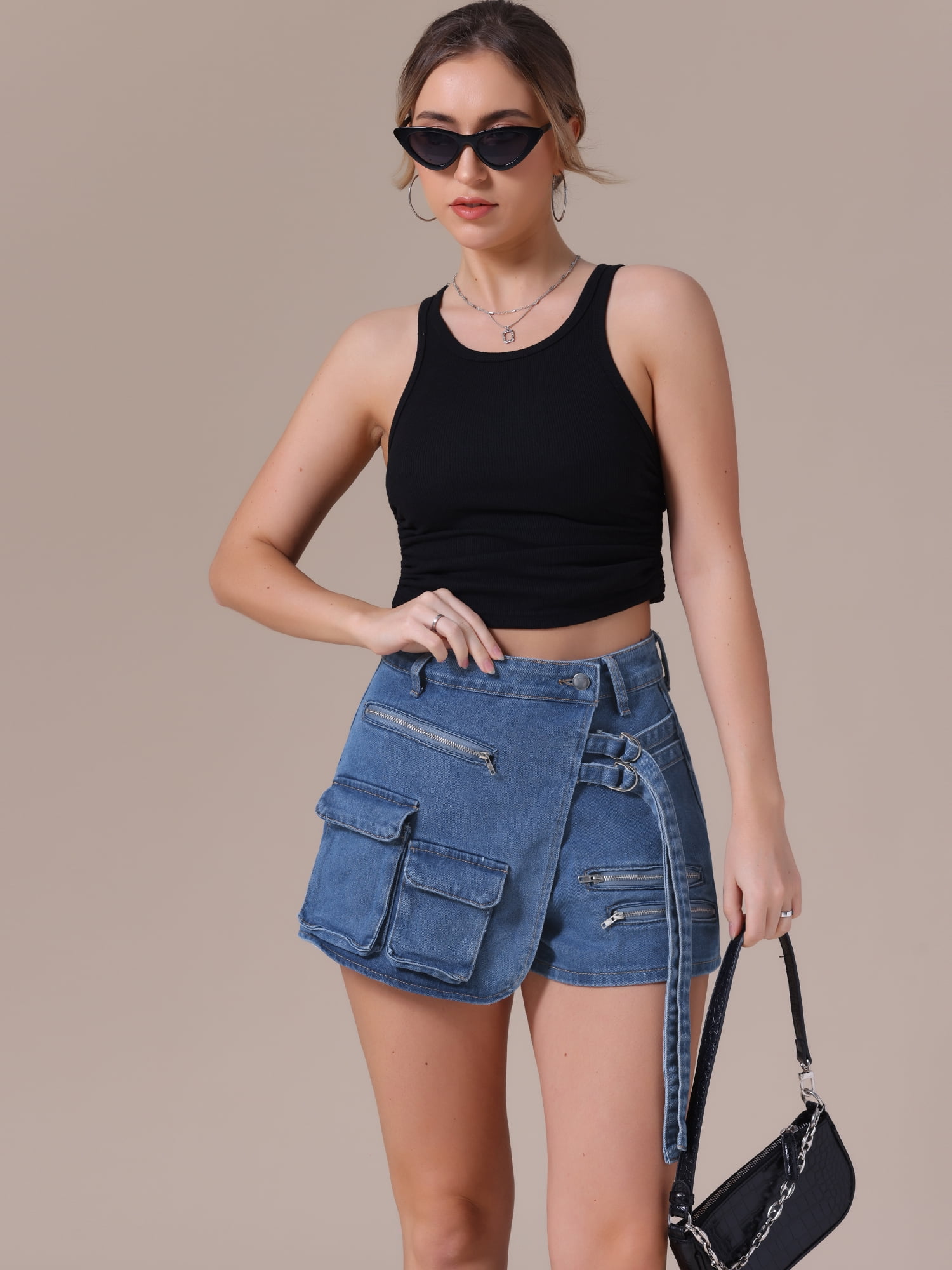 DARING DIVA Women's High Waist Western Asymmetrical Denim Cargo Skirt Shorts XL Blue