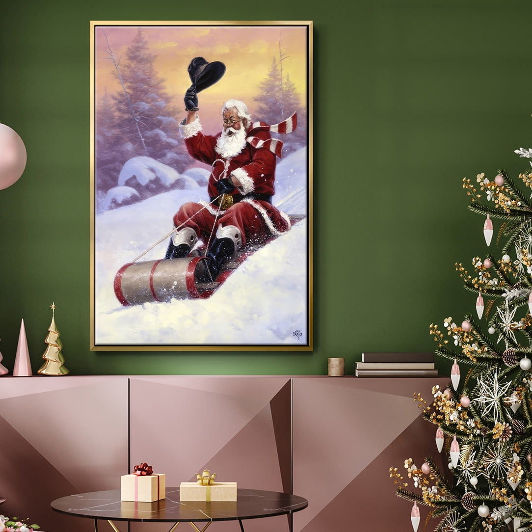 Here Comes Santa - Framed Gallery Wrapped Holiday Canvas - 27 x 41 - Gold Frame