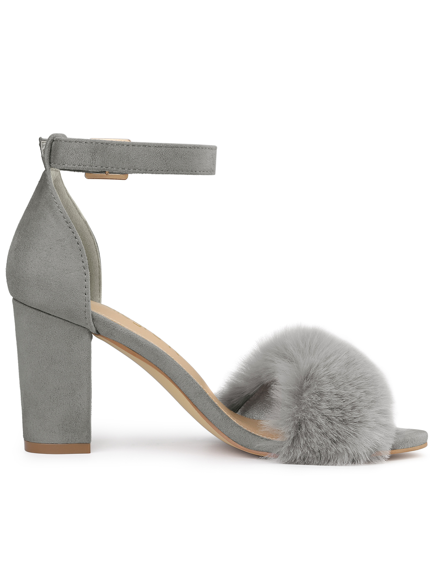 DARING DIVA Women's Ankle Strap Faux Fur Block Heels Beige Sandals for Wear Gray 9