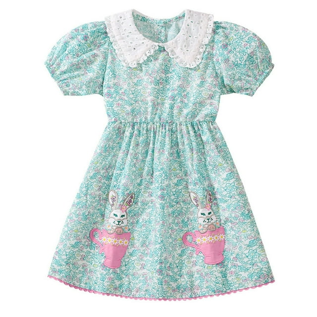 Robe Fille Enfants Tout-Petits Filles Été Coton Dentelle Robe Manches Courtes à Volants Midi Décontractée Robe Fille Vert Clair 2 Ans-3 Ans