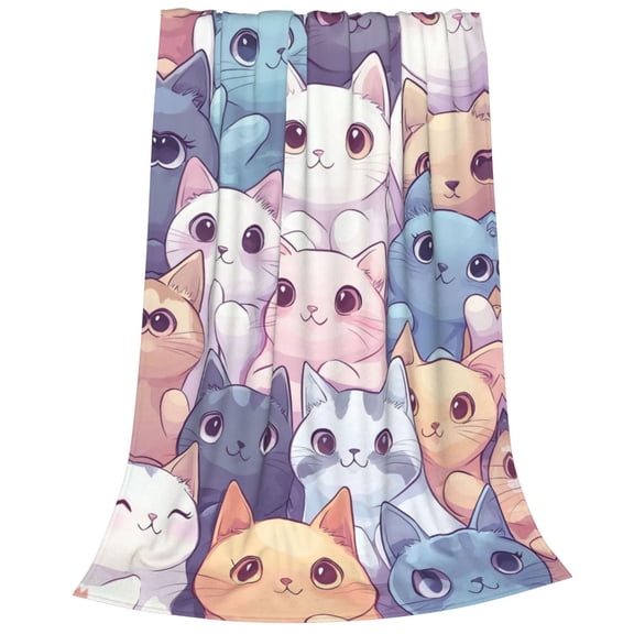 Pastel Anime Kitten Flannel Blanket - Cute Colorful Cat Crowd Fleece Throw for Sofa, Cheerful Decor 50x40