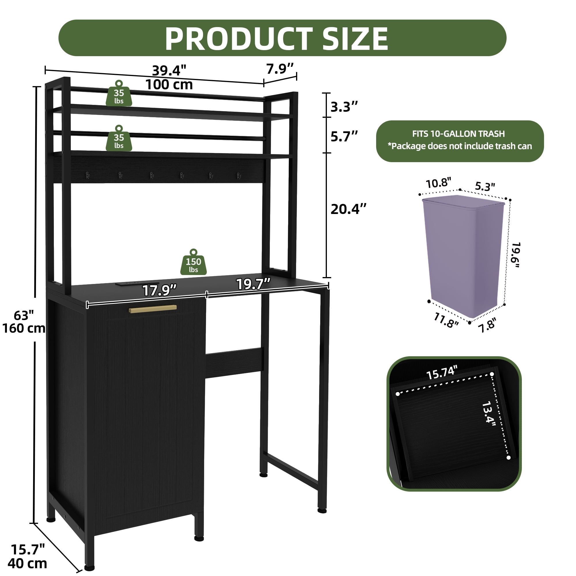 Uforic Kitchen Bakers Rack Mini Fridge Stand with Power Outlets & Trash Storage Cabinet, Black