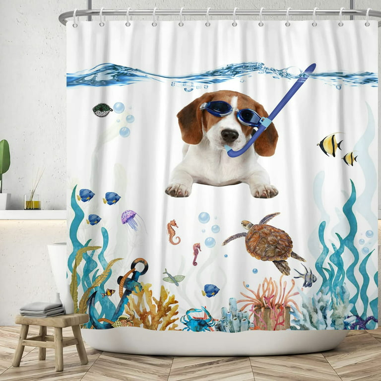 Funny Dog Shower Curtain Kids Love Cool Scuba Diving Dog Underwater Shower  Curtain with Tropical Fish Coral Sea Turtle Bathroom Decor 72x72 Inch  Polyester Fabric with Hooks 