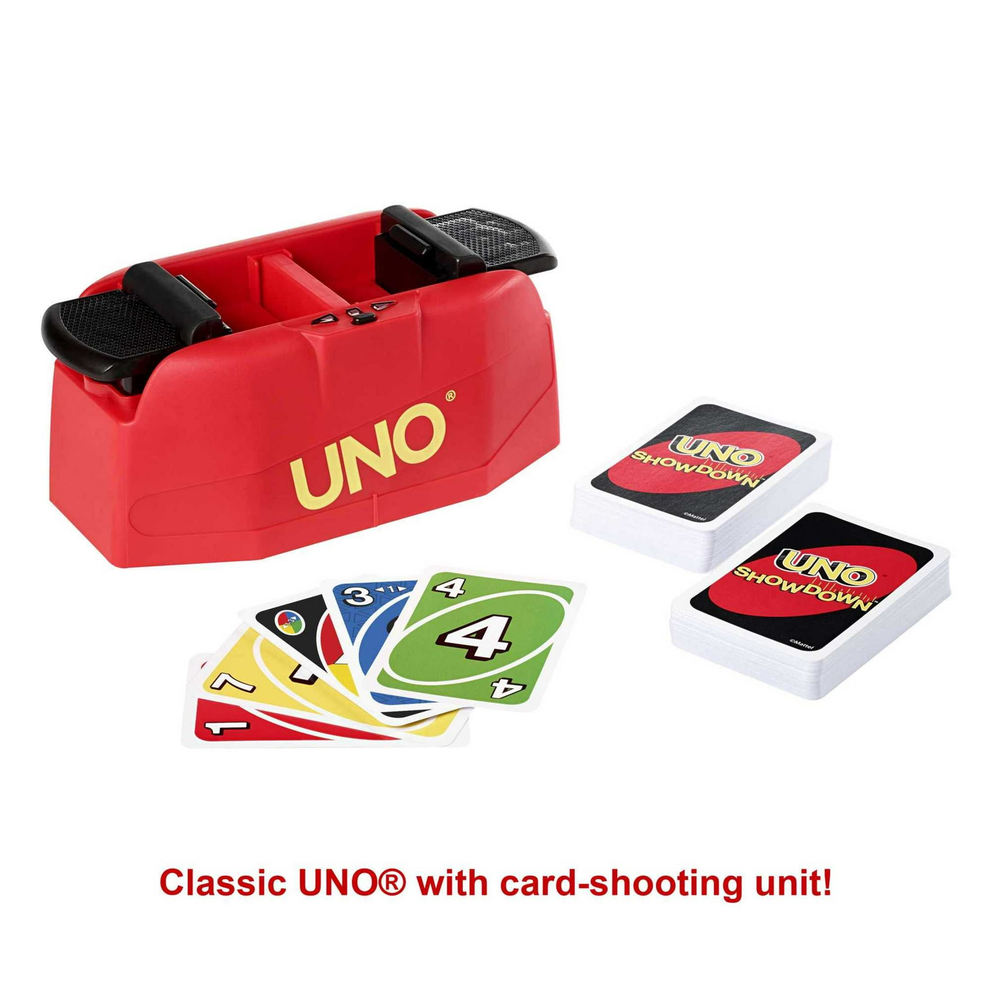 UNO Showdown Card Game for Game Night with Electronic Card Launcher Featuring Lights & Sounds
